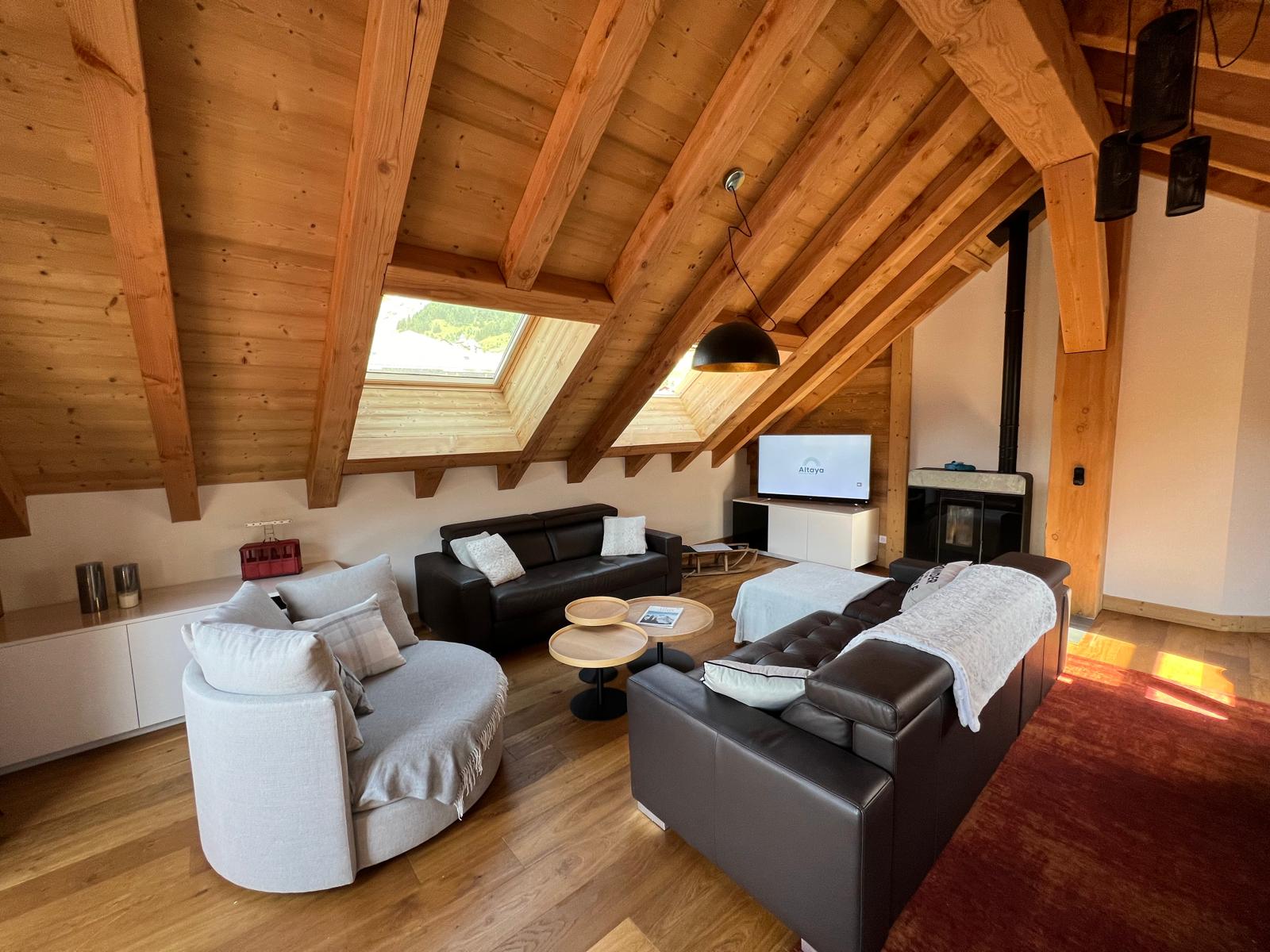 Living room with exposed beams